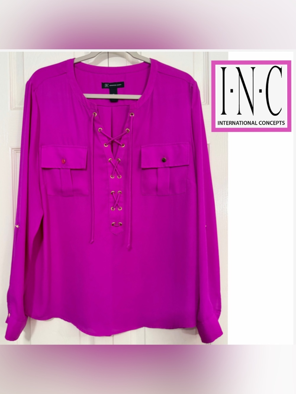 NWOT INC International Concepts Magenta Lace-Up Long Sleeve Blouse
